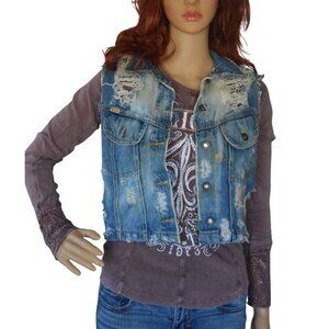 Vintage 90s Jeans By Express Distressed Denim Vest Womens Small Grunge Boho Indi